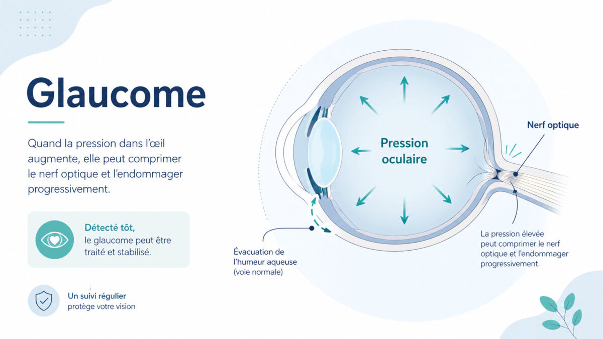 Glaucome : schéma de la pression oculaire sur le nerf optique